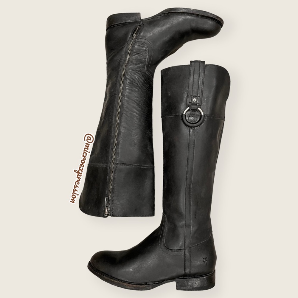 $389 Frye Jamie Ring Tall Distressed Stone Black Leather Knee High Zip Up Boot - Picture 14 of 14